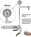 Pistol Grip Grease Gun Workhorse With Heavy Duty Steel Build And Balloon Plunger Technology for Clean No Mess Lubrication of Tractors RVs And Cars Using 14 Ounce Grease Cartridges with pressure gauge showing 6000 psi.