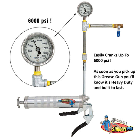 Pistol Grip Grease Gun Workhorse With Heavy Duty Steel Build And Balloon Plunger Technology for Clean No Mess Lubrication of Tractors RVs And Cars Using 14 Ounce Grease Cartridges with pressure gauge showing 6000 psi.
