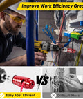Electrician using 8 In 1 Wire Stripper And Wire Twister Kit For Drill Driven Electrical Work in a panel, efficiency comparison shown.