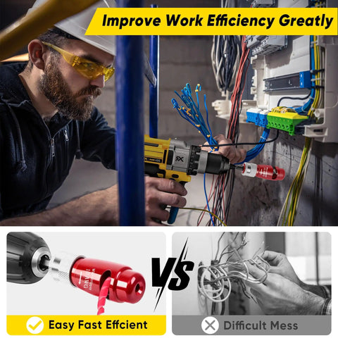 Electrician using 8 In 1 Wire Stripper And Wire Twister Kit For Drill Driven Electrical Work in a panel, efficiency comparison shown.