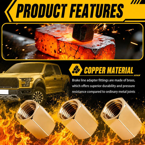 Rust-Resistant 3/16 Brake Line Fittings With 3/8-24 Precision Thread, Universal Double Flared Brake Line Adapter Kit For Automotive And Truck Repair, Inverted Flare Compatible, Secure Tight Connections brass brake line fittings shown with truck and copper material graphic