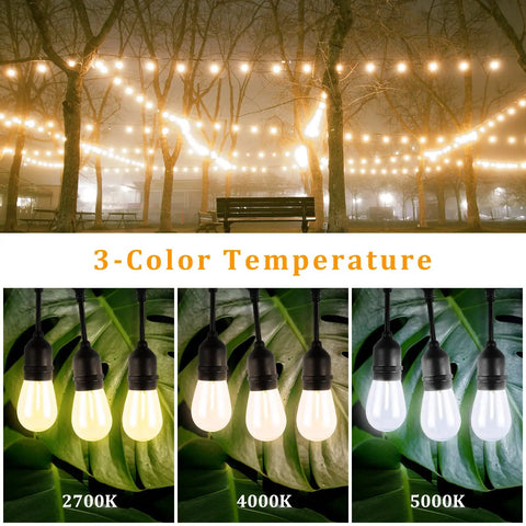 60 Foot Outdoor String Lights With Three Color In One Dimmable LED String Lights Remote Control Waterproof Patio Hanging Lights