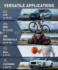 Image showing versatile applications of Cordless Tire Inflator With 150 PSI Digital Gauge for car, bike, motorcycle, ball, and customer.