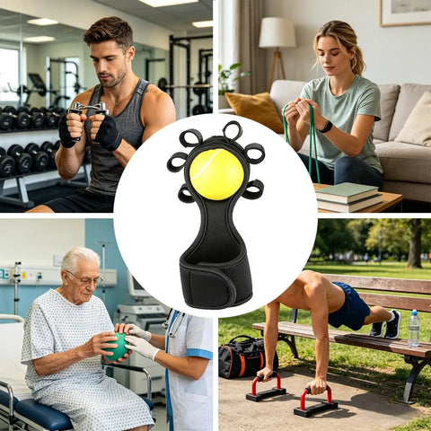 Collage showing Grip Strength Trainer Ball For Hands And Wrists Portable Finger And Hand Exerciser used in various settings.