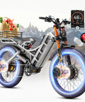 Badass Full Suspension Electric Mountain Bike Kicking Up Dust At Forty Six Mph Paired With A Killer 52V 70Ah Pack delivering power with a basket.