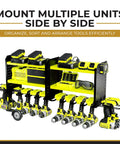 Heavy Duty Power Tool Organizer Wall Mount Three Tier Steel Rack With Six Drill Slots Dual Pegboard Sides Side By Side Modular