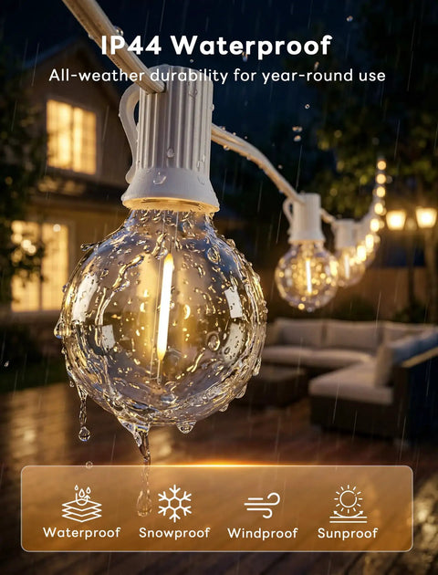 50Ft LED Outdoor String Lights with 52 Dimmable Shatterproof G40 Plastic Bulbs in rain, showcasing waterproof feature on porch.