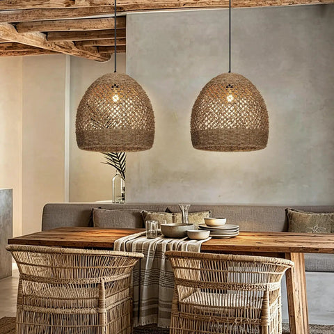 WALMHEIM 15.7" Boho Rattan Pendant Light Fixture, 1-Light Hand Woven Rustic Chandeliers over a dining table.