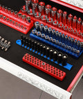 Deep Magnetic One Quarter Inch Drive Socket Set Fourteen Piece Six Point Metric visible in organized storage rails.