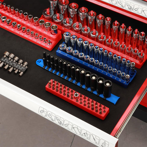 Deep Magnetic One Quarter Inch Drive Socket Set Fourteen Piece Six Point Metric visible in organized storage rails.