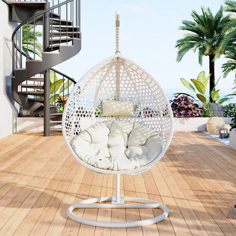 White Hanging Egg Chair Outdoor Indoor With Stand, Wicker Swing Egg Chair for Patio Garden Balcony Yard, 300 lb capacity