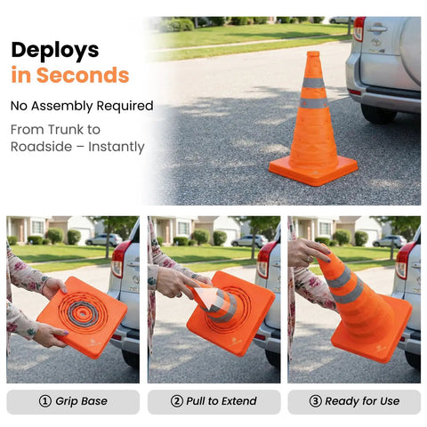 4 Pack 18 Inch Collapsible Traffic Cones With Reflective Collars Multi Purpose Pop Up Road Safety Cones deployed near car