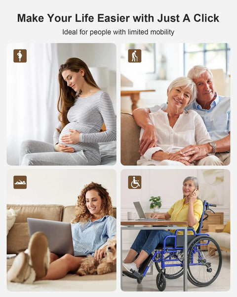 Collage of diverse individuals in living spaces indicating ease of use with remote control outlet.