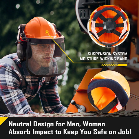 3 In 1 Chainsaw Helmet With Metal Mesh Face Shield And Adjustable Earmuffs for hearing protection worn by user outdoors