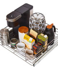 Heavy-Duty Cabinet Organizer With Pull-Out Drawer For Pots And Pans, Smooth Roll-Out Slides, Anti-Rust Chrome Finish, loaded with coffee items.