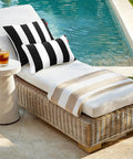 Two Pack Outdoor Throw Pillows 18x18 Inches All Weather Water Resistant With Inserts For Patio Furniture Couch Sofa Poolside Black White Decor Cushions on lounge chair by pool