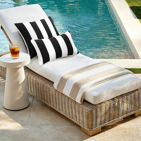 Two Pack Outdoor Throw Pillows 18x18 Inches All Weather Water Resistant With Inserts For Patio Furniture Couch Sofa Poolside Black White Decor Cushions on lounge chair by pool