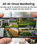 Person holding smartphone displaying 4-camera Solar Security Cameras Wireless Outdoor Home System With True 2K HD Video