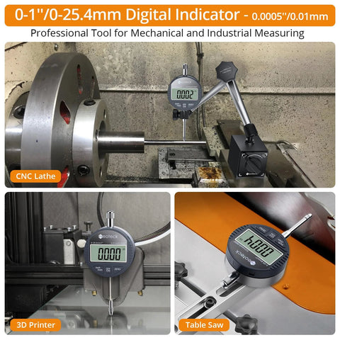 Neoteck DTI digital dial indicator, 1in/25.4mm, silver-gray; shown on CNC lathe, 3D printer, and table saw.