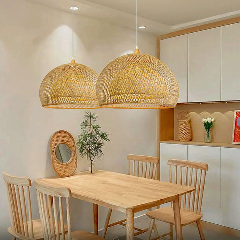 Natural Bamboo Pendant Light With Handwoven Wicker Lampshade And Wood Canopy Eco Friendly Ceiling Fixture in dining area.