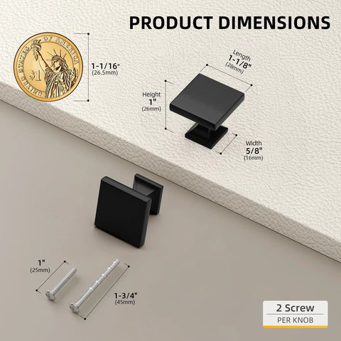 Set Of 50 Black Square Cabinet Knobs One Point One Inch Width For Cabinets Dresser Drawers Kitchen Hardware Zinc Alloy Durable Flat Black Finish Replaces Old Knobs Easy Install shown with dimensions and screws