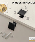 Product dimensions of black square cabinet knob with screws shown, 1 inch height, 1-1/8 inch length, 5/8 inch width.