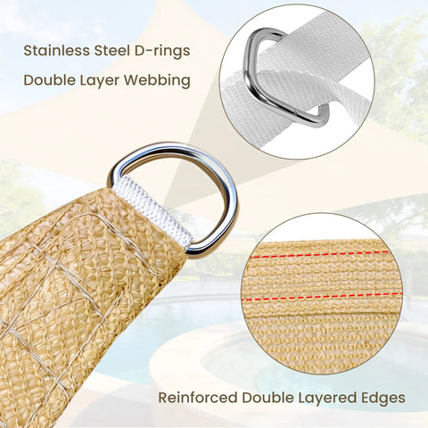 Close-up of Triangle Shade Sail 12x12x12 Feet UV Blocking Breathable Fabric with stainless steel D-rings and fade-resistant ropes