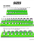 Green SAE socket trays from Six Pack Magnetic Socket Tray Set With Color Coded Metric And SAE Organizers For One Quarter Inch Three Eighths Inch And One Half Inch Drive Sockets Green And Blue Tool Organizer Tray Set To Keep Your Drawer Tidy.