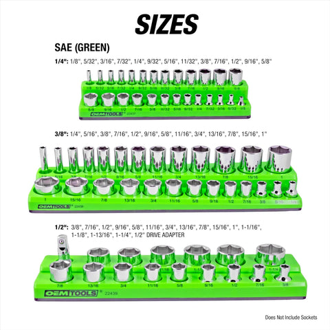 Green SAE socket trays from Six Pack Magnetic Socket Tray Set With Color Coded Metric And SAE Organizers For One Quarter Inch Three Eighths Inch And One Half Inch Drive Sockets Green And Blue Tool Organizer Tray Set To Keep Your Drawer Tidy.
