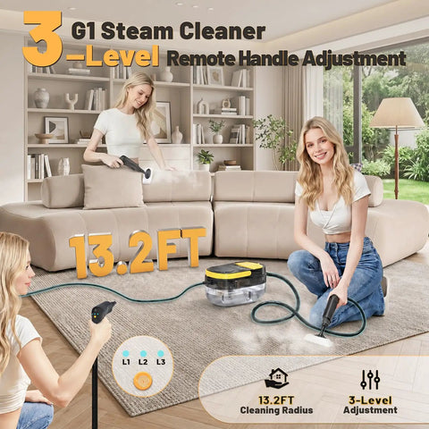 Gautye Portable Steam Cleaner With 3 Level Adjustable Handle Plus 15 Versatile Accessories For Deep Cleaning Floors Tiles And Carpets High Heat Sanitizing Black Housing Durable Abs Build effective germ fighting home care solution in a living room setting.