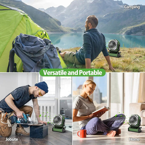 Ultra Powerful 20000mAh Camping Fan With Light And Remote Auto Oscillating Fan shown in camping, worksite, and home settings