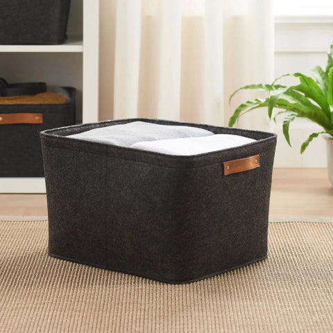 Hella Spacious Rectangular Felt Storage Basket With Faux Leather Handles, Collapsible Gray Organizer Bin For Toys Gear And Linens, with towels inside.