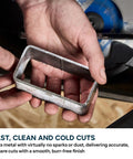 Hand holding a clean, square metal cut showcasing the result of 6 1/2 Inch Cordless Circular Saw With Kickass Cold Cut Design For Spark Free Steel Slicing, 20V Brushless Motor, 40T Thin Kerf Blade, Full Battery And Charger Set Ready For Work.
