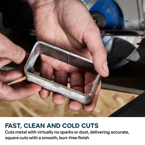 Hand holding a clean, square metal cut showcasing the result of 6 1/2 Inch Cordless Circular Saw With Kickass Cold Cut Design For Spark Free Steel Slicing, 20V Brushless Motor, 40T Thin Kerf Blade, Full Battery And Charger Set Ready For Work.