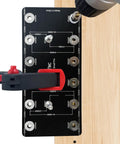 Dead On Aluminum Alloy Shelf Pin Drill Template With Six Knurled Steel Bushings For Flawless Perfect Cabinet Hardware Install And Zero Drama Woodworking Setup showing drilling template with steel bushings.