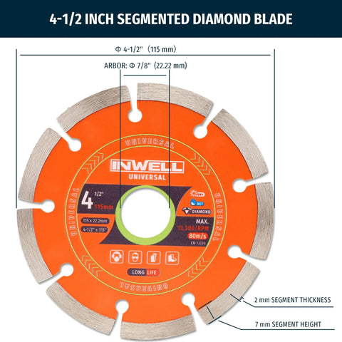 Four And One-Half Inch Segmented Diamond Saw Blades Two-Pack For Angle Grinder Heavy Duty Pro Grade Fast Cutting Wheel