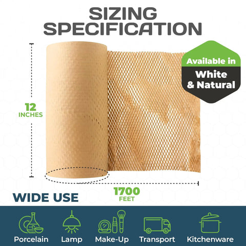 Eco Friendly Honeycomb Packing Paper For Shipping And Moving Cushions Delicate Items In A Handy Dispenser Box And Replaces Bubble Wrap With Sustainable PEFC Certified Paper That Is Plastic Free Reusable And Great For Protection shown with sizing specification.