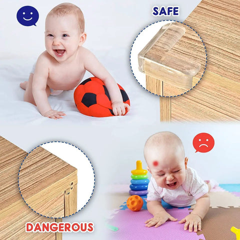 Image showing happy baby with ball and sad baby with bump, highlighting safety with Straight Up Clear Silicone Baby Corner Guards.