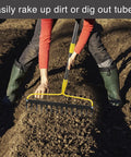 Person using Heavy Duty Metal Garden Rake for Leaves and Lawn, 12 Prongs, 14 Inch Wide for soil work in garden
