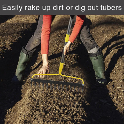 Person using Heavy Duty Metal Garden Rake for Leaves and Lawn, 12 Prongs, 14 Inch Wide for soil work in garden