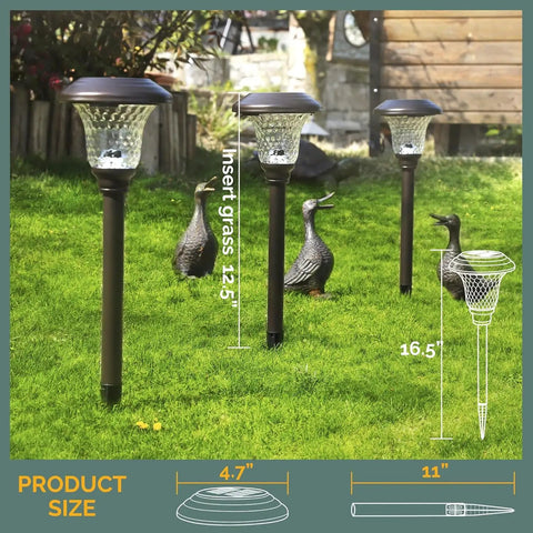 4 solar pathway lights with sunflower pattern, 16.5 inches tall, clear glass lampshades, brown finish, in a garden setting