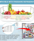 Two Pack Upgraded 240356402 Refrigerator Door Bin Replacement with fruits, designed for top shelf bins in side-by-side refrigerators.