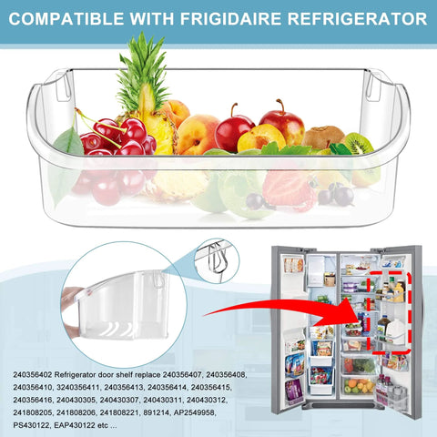 Two Pack Upgraded 240356402 Refrigerator Door Bin Replacement with fruits, designed for top shelf bins in side-by-side refrigerators.