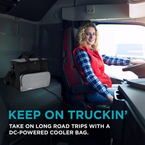 Portable Electric Cooler Bag Keeps Your Drinks Straight Up Frosty On Weekend Road Trips 15 Liter Soft Sided Thermoelectric Fridge With Dc Car Adapter For Travel Storage in a truck.