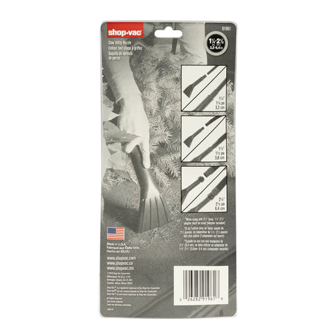 Packaging of Claw Utility Vacuum Nozzle Fits 1.25 Inch, 1.5 Inch, And 2.5 Inch Hoses showing usage on carpet