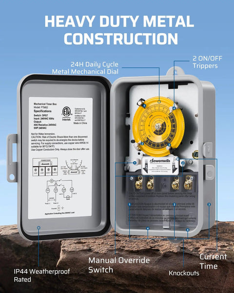 Rock Solid 24 Hour Mechanical Timer Switch Featuring No Sweat Dial Setup for 208 To 277VAC Systems inside view with trippers.