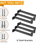10 Inch Black Shelf Brackets Set Of 6 Wall Mounted Industrial Metal Shelf Supports With Lip, screws and wall anchors shown