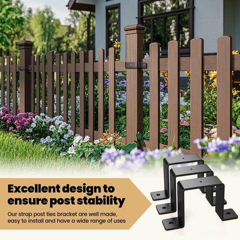 Beefy 4x4 Fence Post Brackets Set For Decks And Gazebos, 2mm thick steel bracket installation on wooden fence in garden