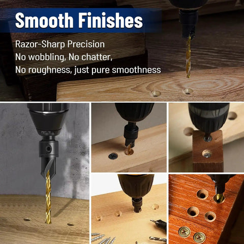 Size 8 Countersink Drill Bit Set For Wood 12 Piece with titanium-coated HSS for smooth finishes in woodworking