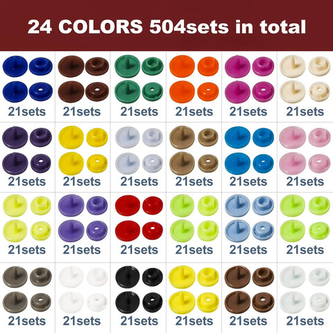 Complete 504 Piece Plastic Snap Kit With Pliers For Sewing And DIY Crafts, T5 12mm Snaps, Starter Set With 24 Colors